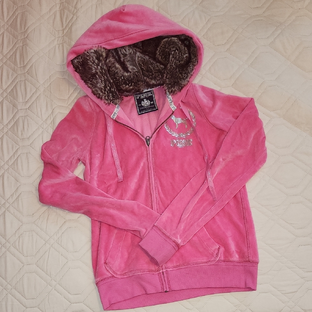 PINK Victoria's Secret Pink Fur Lined Hooded Jacket Size Small